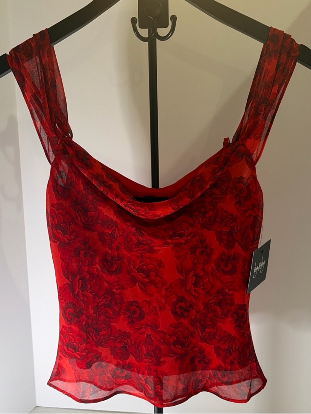 By & by Red Floral Sheer Cowl Neck Women's Top